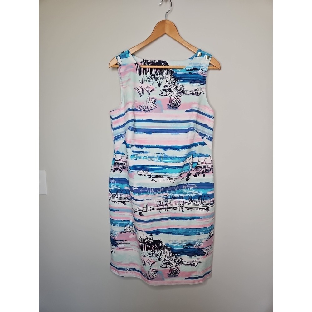 Talbots Dress 10 Seaside Harbor Lighthouse Shell Coastal Nautical Preppy Cotton